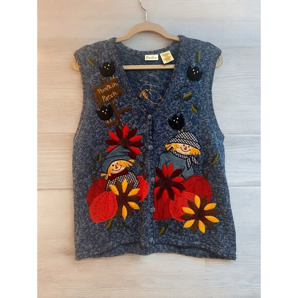 Bobbie Brooks Sweater Vest Womens Large Pumpkin Patch Blue Autumn Halloween Fall - Picture 1 of 10